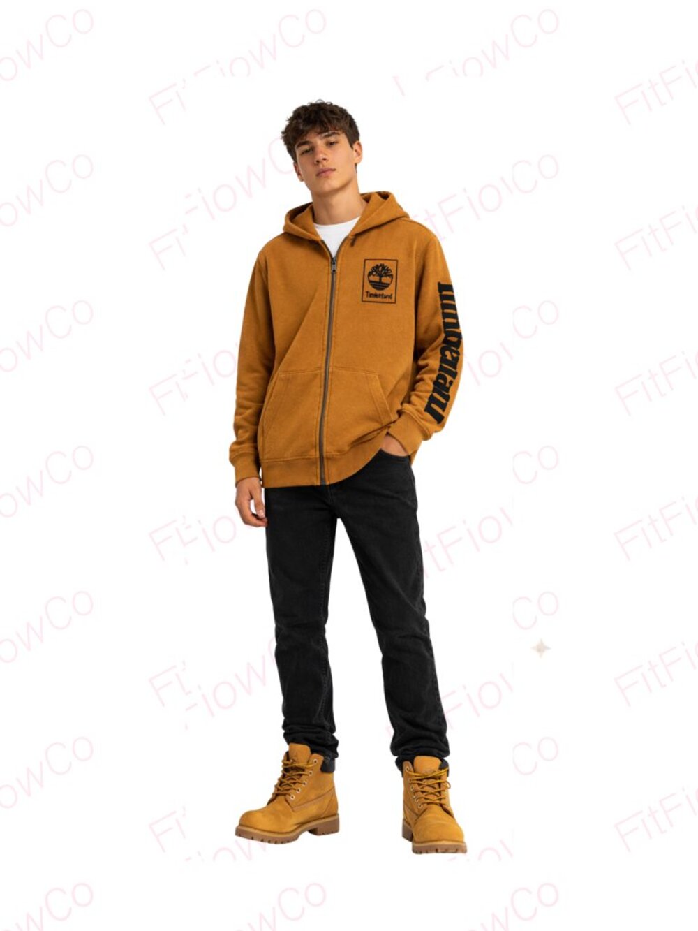 Timberland Full Zip Hoodie Brown Logo Sleeve Youth L (14-16) Cotton Blend Sweats